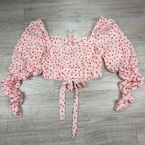 Collective The Label Petite‎ Pink Heart Print Ruched Puff Sleeve Crop Size 6 NEW